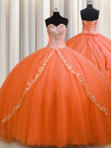 Gorgeous Tulle Sweetheart Sleeveless Brush Train Lace Up Beading Sweet 16 Quinceanera Dress in Orange