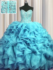 Visible Boning Bling-bling Aqua Blue Sweet 16 Dress Military Ball and Sweet 16 and Quinceanera with Beading and Ruffles Sweetheart Sleeveless Brush Train Lace Up
