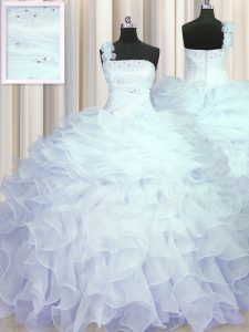One Shoulder Sleeveless 15 Quinceanera Dress Floor Length Beading and Ruffles Light Blue Organza