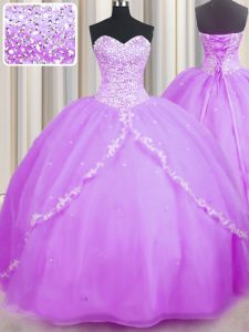 Exceptional Lilac Sweetheart Lace Up Beading and Appliques 15 Quinceanera Dress Brush Train Sleeveless