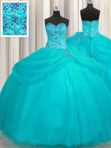 Pretty Puffy Skirt Aqua Blue Ball Gowns Beading Sweet 16 Dresses Lace Up Organza Sleeveless Floor Length