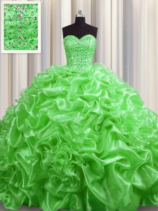 Affordable Sweetheart Lace Up Beading and Pick Ups Ball Gown Prom Dress Court Train Sleeveless