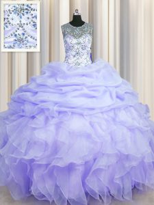 See Through Scoop Lavender Organza Lace Up Ball Gown Prom Dress Sleeveless Floor Length Beading and Ruffles and Pick Ups