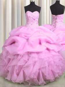 Deluxe Visible Boning Lilac Sweet 16 Dress Military Ball and Sweet 16 and Quinceanera with Beading and Ruffles and Pick Ups Sweetheart Sleeveless Lace Up