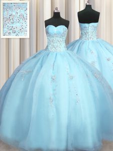Big Puffy Floor Length Baby Blue Sweet 16 Dress Organza Sleeveless Beading and Appliques