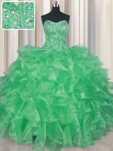 Unique Visible Boning Organza Sleeveless Floor Length Quinceanera Gowns and Beading and Ruffles