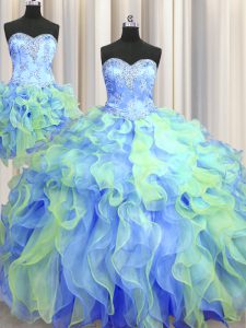 Elegant Three Piece Multi-color Sweetheart Neckline Beading and Appliques and Ruffles Sweet 16 Quinceanera Dress Sleeveless Lace Up