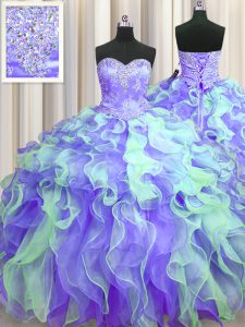 Admirable Floor Length Multi-color Sweet 16 Dress Organza Sleeveless Beading and Appliques and Ruffles