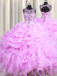 Glamorous Scoop See Through Floor Length Lilac Vestidos de Quinceanera Organza Sleeveless Beading and Ruffles and Pick Ups