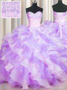 Two Tone Visible Boning Floor Length Multi-color Quinceanera Dresses Organza Sleeveless Beading and Ruffles