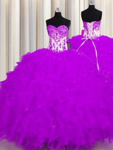 High Class Purple Organza Lace Up Sweetheart Sleeveless Floor Length Vestidos de Quinceanera Appliques and Ruffles