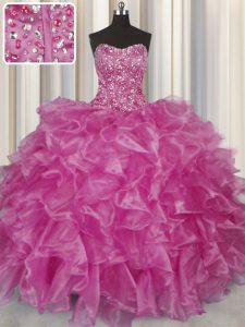 Visible Boning Fuchsia Sleeveless Organza Lace Up Sweet 16 Dresses for Military Ball and Sweet 16 and Quinceanera