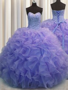 Sleeveless Organza Floor Length Lace Up Vestidos de Quinceanera in Blue with Beading and Ruffles