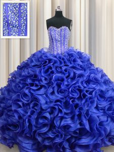 Chic Visible Boning Royal Blue Organza Lace Up 15 Quinceanera Dress Sleeveless Floor Length Beading and Ruffles
