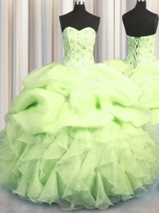 Visible Boning Yellow Green Ball Gowns Organza Sweetheart Sleeveless Beading and Ruffles and Pick Ups Floor Length Lace Up Sweet 16 Quinceanera Dress