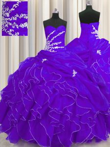 Sleeveless Floor Length Beading and Appliques and Ruffles Lace Up Vestidos de Quinceanera with Purple