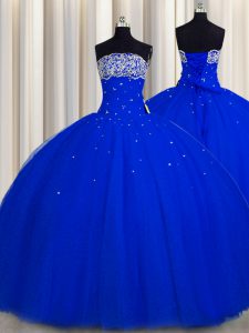 Really Puffy Strapless Sleeveless Lace Up Quinceanera Dress Royal Blue Tulle