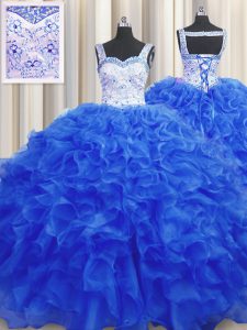 Royal Blue Ball Gowns Beading 15th Birthday Dress Lace Up Organza Sleeveless Floor Length
