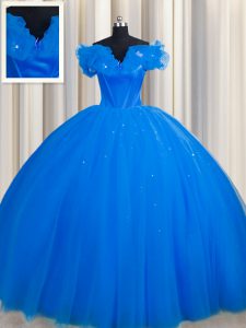 Trendy Off The Shoulder Short Sleeves Tulle Sweet 16 Dresses Ruching Court Train Lace Up