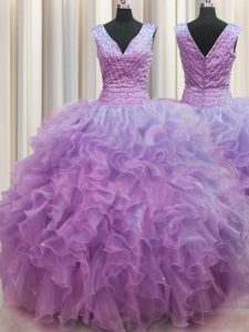 Top Selling V Neck Zipper Up Sleeveless Organza Floor Length Zipper Quinceanera Dresses in Lilac with Ruffles