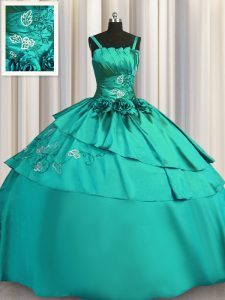 Hot Selling Turquoise Satin Lace Up Quince Ball Gowns Sleeveless Floor Length Beading and Embroidery
