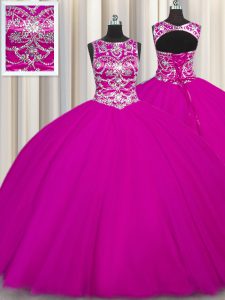 Fuchsia Scoop Neckline Beading and Appliques Sweet 16 Quinceanera Dress Sleeveless Lace Up