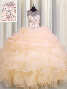 See Through Peach Organza Lace Up Scoop Sleeveless Floor Length Quinceanera Dress Beading and Ruffles and Pick Ups