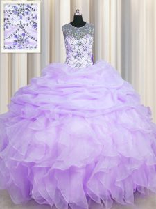 See Through Lavender Lace Up Scoop Beading and Ruffles and Pick Ups Sweet 16 Quinceanera Dress Organza Sleeveless