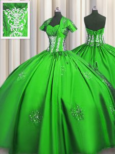 New Style Taffeta Lace Up Sweetheart Short Sleeves Floor Length 15th Birthday Dress Beading and Appliques and Ruching