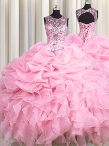 Smart See Through Floor Length Baby Pink Vestidos de Quinceanera Scoop Sleeveless Lace Up