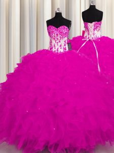 Elegant Organza Sweetheart Sleeveless Lace Up Appliques Quince Ball Gowns in Fuchsia