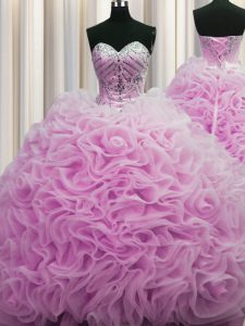 Sleeveless Fabric With Rolling Flowers Brush Train Lace Up Ball Gown Prom Dress in Lilac with Beading and Pick Ups