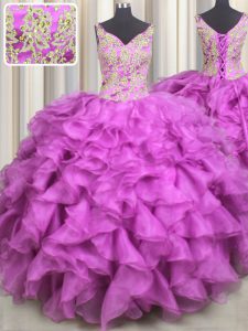 V Neck Sleeveless Floor Length Beading and Ruffles Lace Up Quince Ball Gowns with Fuchsia