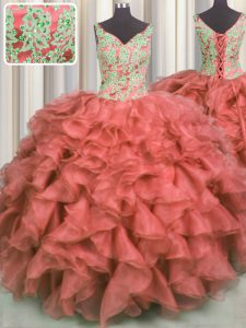 V Neck Coral Red Sleeveless High Low Beading and Ruffles Lace Up Sweet 16 Dresses