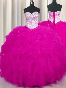 Colorful Floor Length Fuchsia Ball Gown Prom Dress Tulle Sleeveless Beading and Ruffles