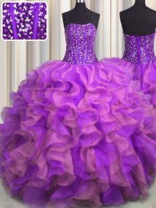Visible Boning Beaded Bodice Strapless Sleeveless Organza Quinceanera Dress Beading and Ruffles Lace Up
