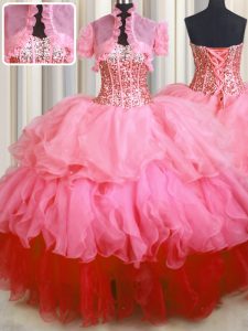 Latest Visible Boning Bling-bling Floor Length Rose Pink Sweet 16 Dresses Sweetheart Sleeveless Lace Up