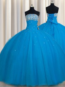 Spectacular Really Puffy Teal Ball Gowns Tulle Strapless Sleeveless Beading and Sequins Floor Length Lace Up Quinceanera Dresses