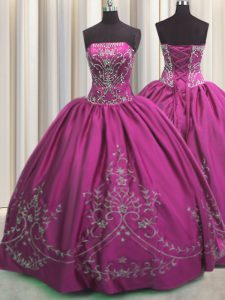Hot Sale Floor Length Fuchsia Quinceanera Gown Taffeta Sleeveless Beading and Embroidery