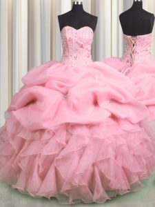 Visible Boning Rose Pink Ball Gowns Sweetheart Sleeveless Organza Floor Length Lace Up Beading and Ruffles and Pick Ups Quinceanera Dress