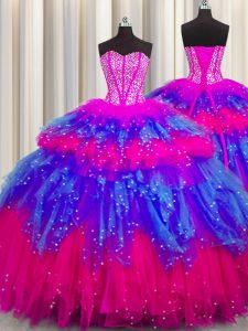 Bling-bling Visible Boning Sweetheart Sleeveless Lace Up Sweet 16 Dress Multi-color Tulle