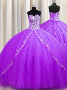 Purple Sweetheart Lace Up Beading Vestidos de Quinceanera Sweep Train Sleeveless