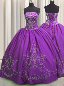 Dynamic Embroidery Eggplant Purple Sleeveless Taffeta Lace Up 15th Birthday Dress for Military Ball and Sweet 16 and Quinceanera