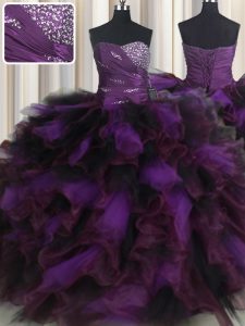 Delicate Purple Ball Gowns Sweetheart Sleeveless Organza and Tulle Floor Length Lace Up Beading and Ruffles and Ruffled Layers Sweet 16 Dress