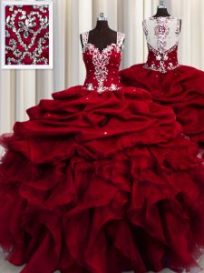See Through Wine Red Zipper Sweet 16 Dresses Beading and Ruffles and Sequins Sleeveless Floor Length