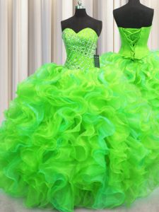 Green Sweetheart Lace Up Beading and Ruffles Ball Gown Prom Dress Sleeveless
