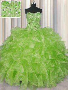 Elegant Visible Boning Sleeveless Organza Floor Length Lace Up Quince Ball Gowns in Yellow Green with Beading and Ruffles