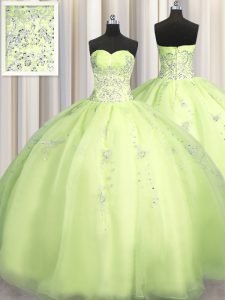 On Sale Big Puffy Yellow Green 15th Birthday Dress Military Ball and Sweet 16 and Quinceanera with Beading and Appliques Sweetheart Sleeveless Zipper