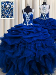 Zipple Up See Through Back Royal Blue Zipper Quinceanera Gown Beading and Ruffles and Sequins and Pick Ups Sleeveless Floor Length
