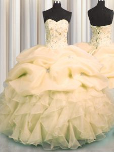 Visible Boning Sweetheart Sleeveless Organza Quinceanera Gown Beading and Ruffles and Pick Ups Lace Up